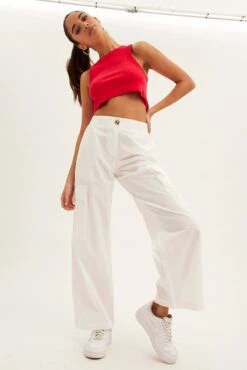 White Cargo Pants Wide Leg Mid Rise -Women Clothing Shop bt2634 35p white 3