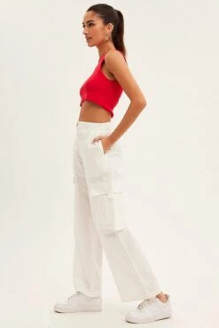 White Cargo Pants Wide Leg Mid Rise -Women Clothing Shop bt2634 35p white 4