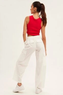 White Cargo Pants Wide Leg Mid Rise -Women Clothing Shop bt2634 35p white 5
