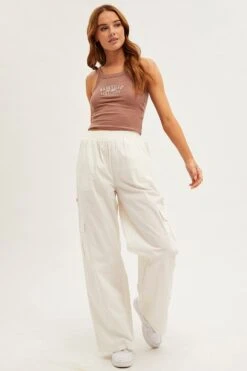 White Wide Leg Cargo Pants High Rise -Women Clothing Shop bt2635 81pb white 3