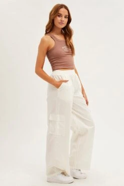 White Wide Leg Cargo Pants High Rise -Women Clothing Shop bt2635 81pb white 4