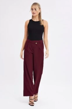 Red Wide Leg Pants Low Rise Cross Over Waistband