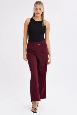 Red Wide Leg Pants Low Rise Cross Over Waistband -Women Clothing Shop bt2733 34pb burgundy 3