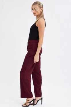 Red Wide Leg Pants Low Rise Cross Over Waistband -Women Clothing Shop bt2733 34pb burgundy 4