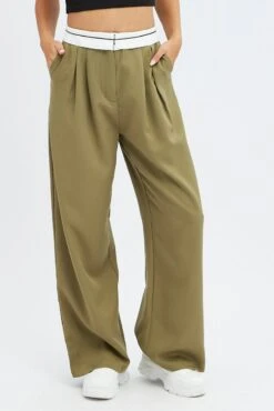 Green Wide Leg Pants Turn Down Waist Low Rise -Women Clothing Shop bt2750 38pb khaki 2