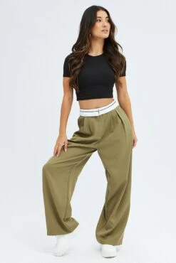 Green Wide Leg Pants Turn Down Waist Low Rise -Women Clothing Shop bt2750 38pb khaki 3