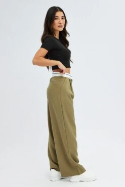 Green Wide Leg Pants Turn Down Waist Low Rise -Women Clothing Shop bt2750 38pb khaki 4