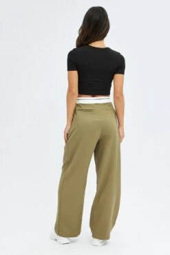 Green Wide Leg Pants Turn Down Waist Low Rise -Women Clothing Shop bt2750 38pb khaki 5
