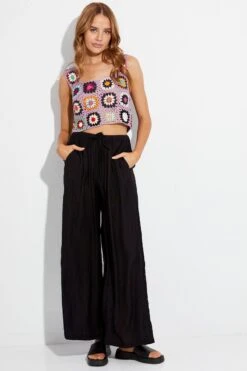 Black Wide Leg Pants High Rise Elastic Waist -Women Clothing Shop bt2754 47p black 3