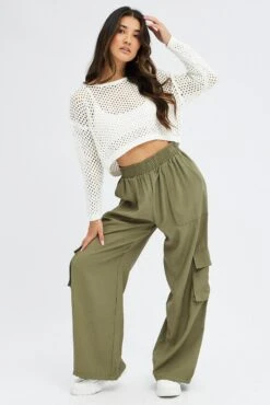 Green Wide Leg Pants High Rise Cargo -Women Clothing Shop bt2851 38pb khaki 3