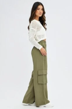 Green Wide Leg Pants High Rise Cargo -Women Clothing Shop bt2851 38pb khaki 4