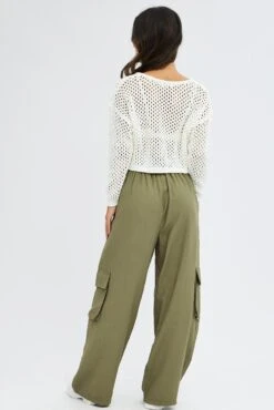 Green Wide Leg Pants High Rise Cargo -Women Clothing Shop bt2851 38pb khaki 5