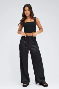 Black Wide Leg Pants High Rise Satin -Women Clothing Shop bt2899x 38pb black 3