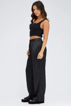Black Wide Leg Pants High Rise Satin -Women Clothing Shop bt2899x 38pb black 4