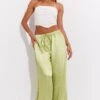 Green Pant High Elastic Waist Tie Front Wide Leg Satin -Women Clothing Shop bt3001 33mb lime 1