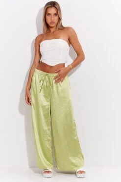 Green Pant High Elastic Waist Tie Front Wide Leg Satin -Women Clothing Shop bt3001 33mb lime 3