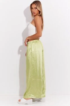 Green Pant High Elastic Waist Tie Front Wide Leg Satin -Women Clothing Shop bt3001 33mb lime 4