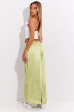Green Pant High Elastic Waist Tie Front Wide Leg Satin -Women Clothing Shop bt3001 33mb lime 5
