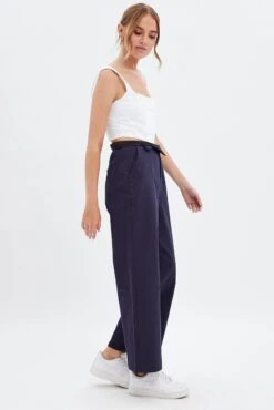 Blue Pant Straight Leg Turned Down Waist -Women Clothing Shop bt3004 33mb navy 4