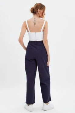 Blue Pant Straight Leg Turned Down Waist -Women Clothing Shop bt3004 33mb navy 5