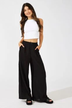 Black Wide Leg Pants High Rise Linen Blend