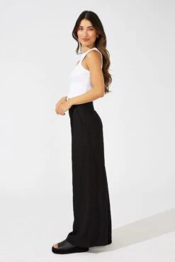 Black Wide Leg Pants High Rise Linen Blend -Women Clothing Shop bt3053 33pb black 4