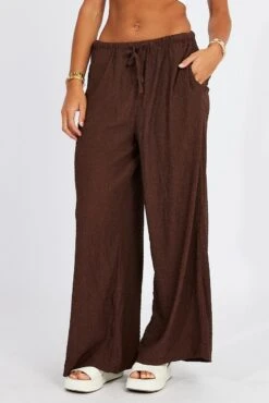 Brown Wide Leg Pants High Rise Textured Fabric -Women Clothing Shop bt3059x 47pk brown 2