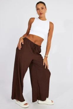 Brown Wide Leg Pants High Rise Textured Fabric -Women Clothing Shop bt3059x 47pk brown 6
