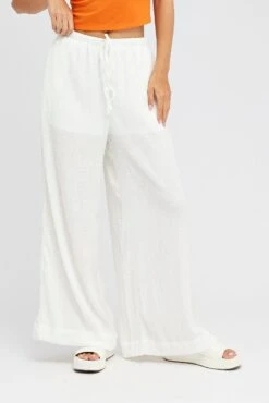 White Wide Leg Pants High Rise Textured Fabric -Women Clothing Shop bt3059x 47pk white 2
