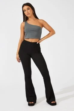 Black Flare Leg Pants Textured Jersey -Women Clothing Shop bt3081 81p black 3