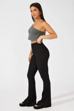 Black Flare Leg Pants Textured Jersey -Women Clothing Shop bt3081 81p black 4