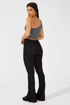 Black Flare Leg Pants Textured Jersey -Women Clothing Shop bt3081 81p black 5