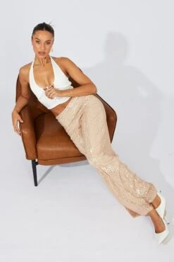 Beige Wide Leg Pants High Rise Sequin