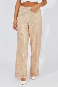 Beige Wide Leg Pants High Rise Sequin -Women Clothing Shop bt31812 47pb beige 3