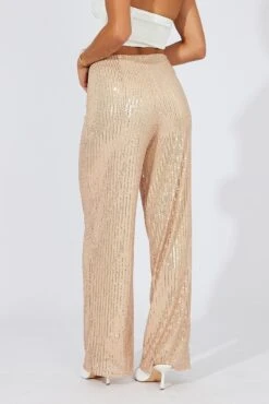 Beige Wide Leg Pants High Rise Sequin -Women Clothing Shop bt31812 47pb beige 4