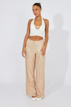 Beige Wide Leg Pants High Rise Sequin -Women Clothing Shop bt31812 47pb beige 5