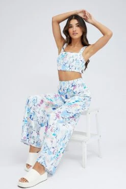 Blue Print Wide Leg Pants High Rise