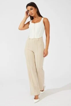 Beige Slim Pants High Rise Workwear -Women Clothing Shop bt3612 43pb beige 3