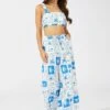 Blue Abstract Wide Leg Pants High Rise