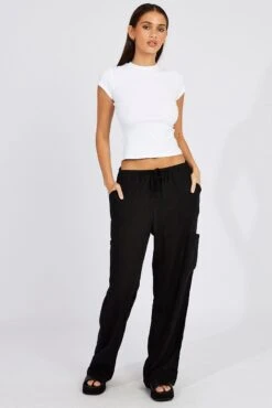 Black Wide Leg Pants Mid Rise Linen Blend