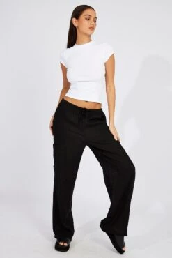 Black Wide Leg Pants Mid Rise Linen Blend -Women Clothing Shop bt3673 47p black 3