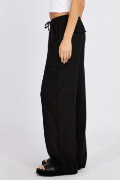 Black Wide Leg Pants Mid Rise Linen Blend -Women Clothing Shop bt3673 47p black 4