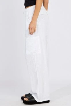 White Wide Leg Pants Mid Rise Linen Blend -Women Clothing Shop bt3673 47pb white 3