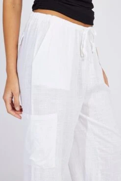 White Wide Leg Pants Mid Rise Linen Blend -Women Clothing Shop bt3673 47pb white 5