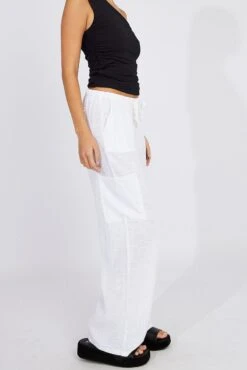White Wide Leg Pants Mid Rise Linen Blend -Women Clothing Shop bt3673 47pb white 6