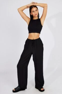 Black Wide Leg Pants Textured Fabric