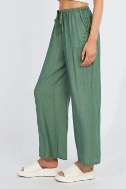 Green Wide Leg Pants Textured Fabric -Women Clothing Shop bt3674x 47pb khaki 4