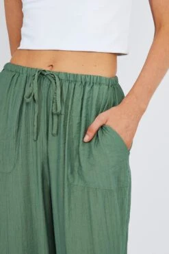 Green Wide Leg Pants Textured Fabric -Women Clothing Shop bt3674x 47pb khaki 6