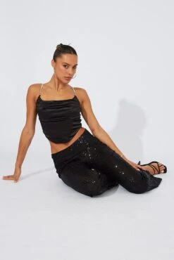 Black Flare Leg Pants High Rise Metallic