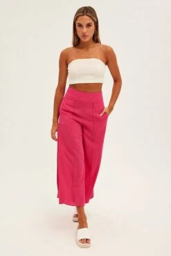 Pink Wide Leg Pants High Rise Linen Blend